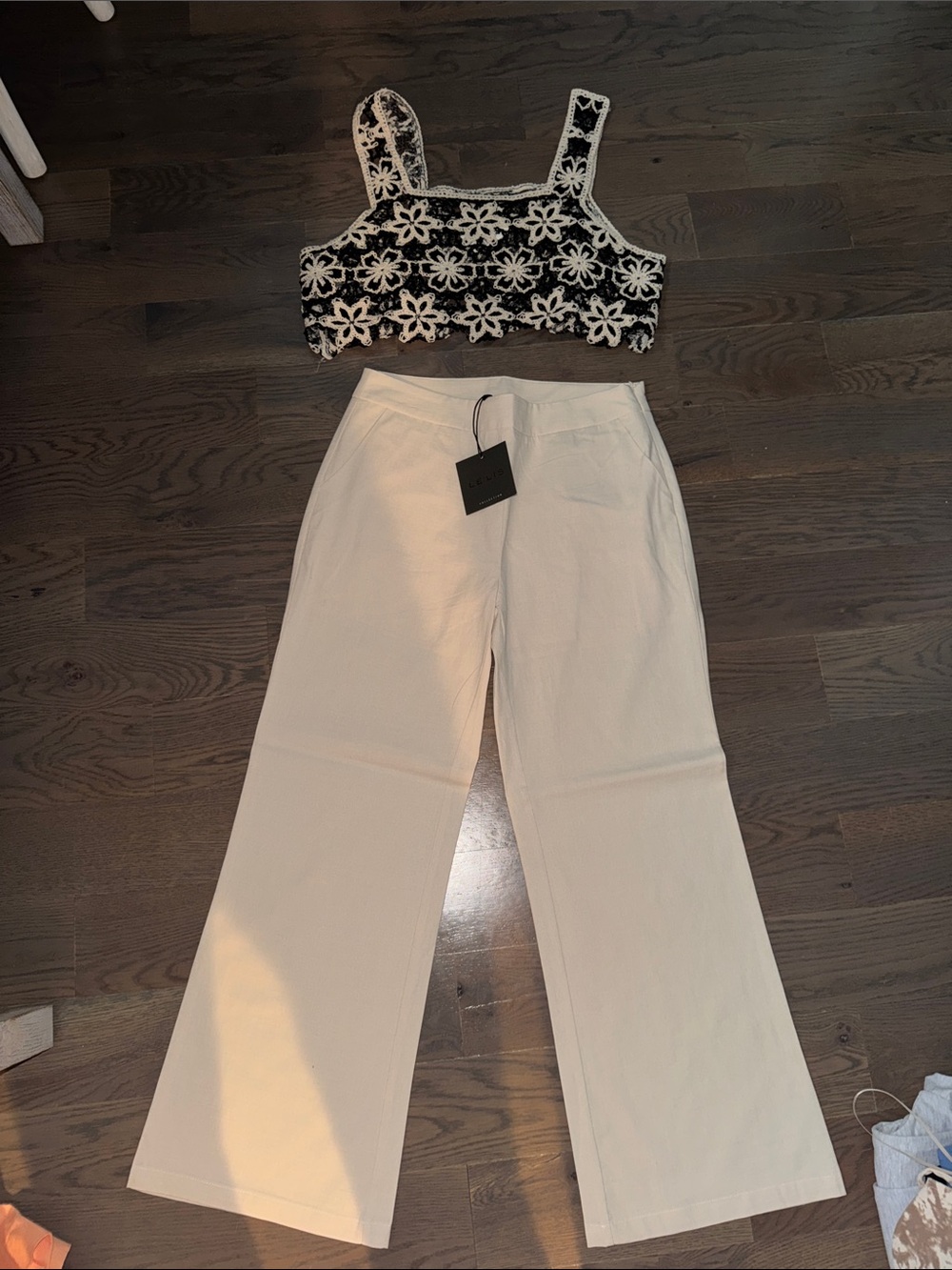 Women's Wide-Leg Cream Pants with matching crochet top